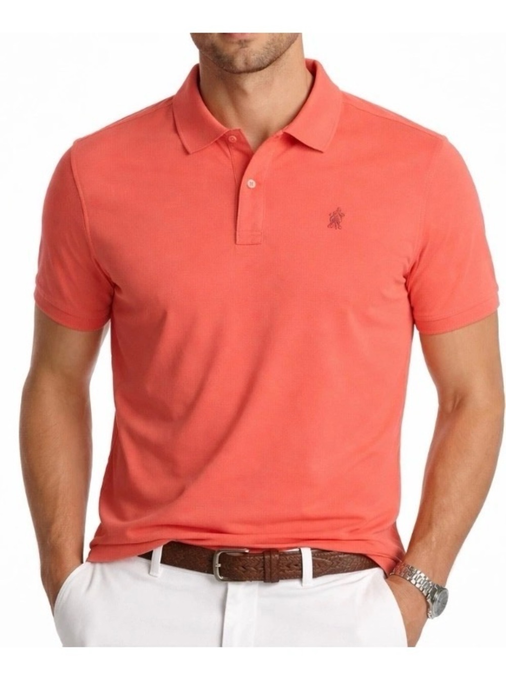Disney Parks Mens Polo Shirt Coral Modern Fit Mickey Mouse Embroidered Size S